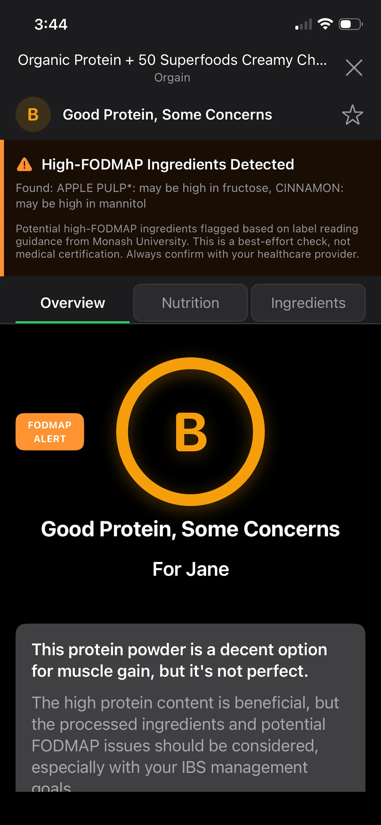 FoodGrader scan showing a B grade with FODMAP insights