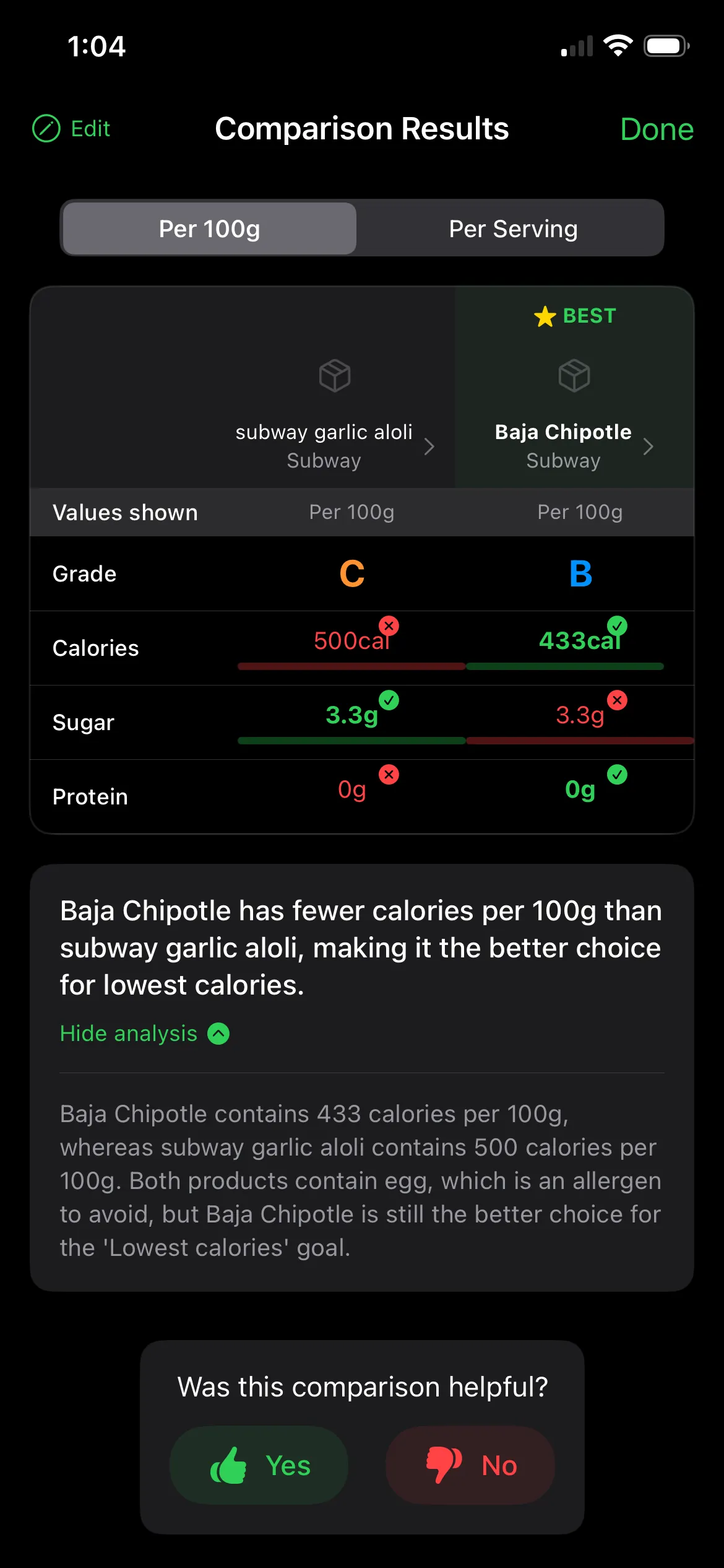 Comparison mode across products and profiles