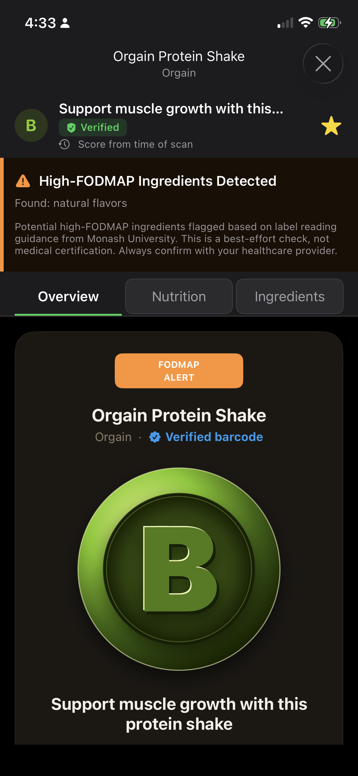 FODMAP ingredient flagging alert in FoodGrader