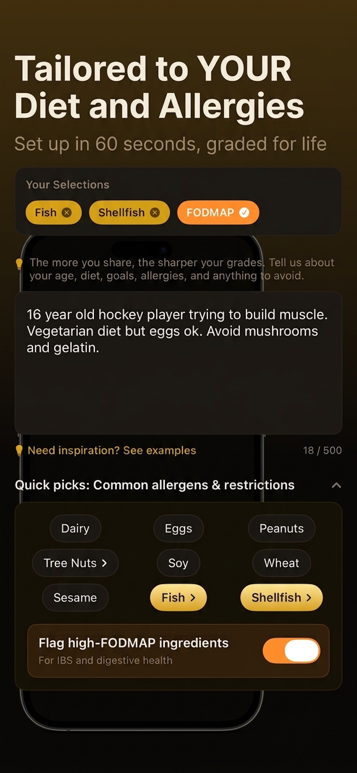 Profile setup with allergen quick-picks and FODMAP toggle