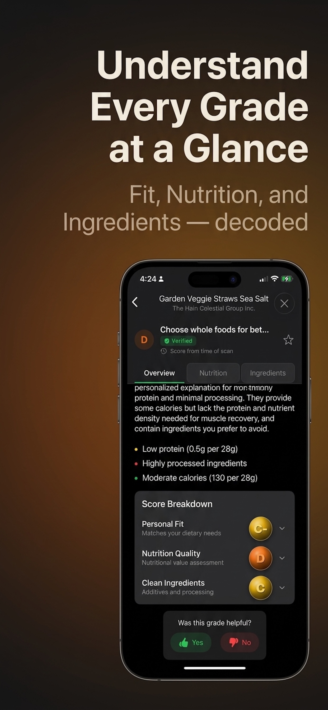 Score breakdown showing Fit, Nutrition, and Ingredients pillars